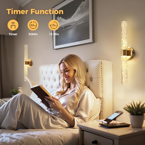 Image of DORESshop Battery Operated Wall Sconces Set of 2, 10000mAh Rechargeable Wall Sconce with Stone Pattern Acrylic, Dimmable Wireless Wall Sconce, Sconce Wall Decor for Living Room, Bedroom, Gold 21.4in