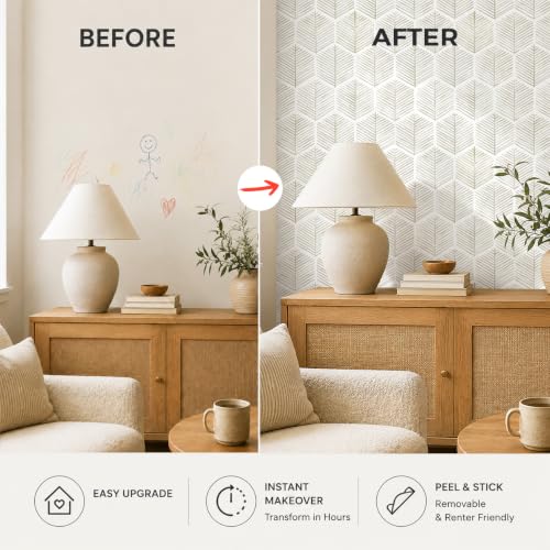 Image of MelunMer Geometric Peel and Stick Wallpaper Boho Beige White 17.3''x591''