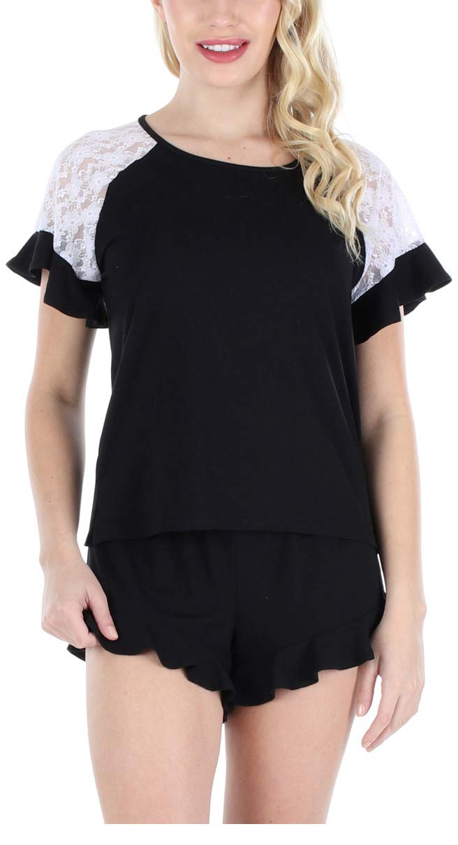 Women's Lace Short Sleeve Top with Ruffle Shorts Pajama Set, Black with Lace, Small