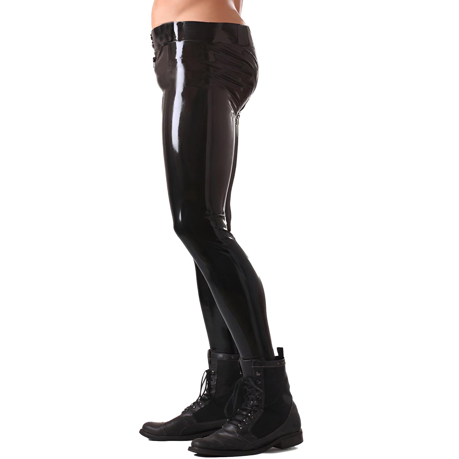 IOKUKI Leggings en Latex pour Hommes,Pantalons en Latex Noirs avec Boutons à La Taille (Chaussettes Non Incluses)