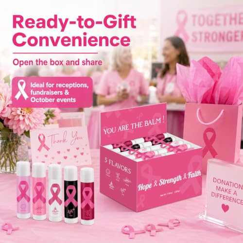Image of 50 Pack Breast Cancer Awareness Moisturizing Lip Balms Bulk Thank You Gifts Pink Ribbon Party Favors Month You Are The Balm Beeswax 5 Flavors Giveaways Events Supplies Moisture for Women