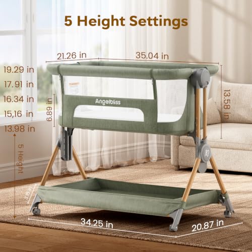 Image of ANGELBLISS Baby Bassinet, 3-in-1 Bedside Sleeper, One-Click Foldable Crib (Green)