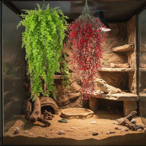 Image of PINVNBY 2 Pack Reptile Plants Terrarium Hanging Plants Vines Reptile Tank Accessories for Bearded Dragons Ball Python Leopard Gecko Lizards crested Geckos Chameleon Snake (Red and Green )