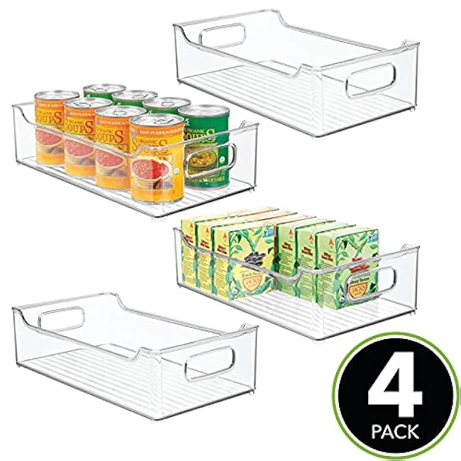 mDesign Wide Plastic Kitchen Storage Container Bins with Handles -Organization in Pantry, Cabinet, Refrigerator or Freezer Shelves - Food Organizer for Fruit, Yogurt, Squeeze Pouches - 4 Pack - Clear