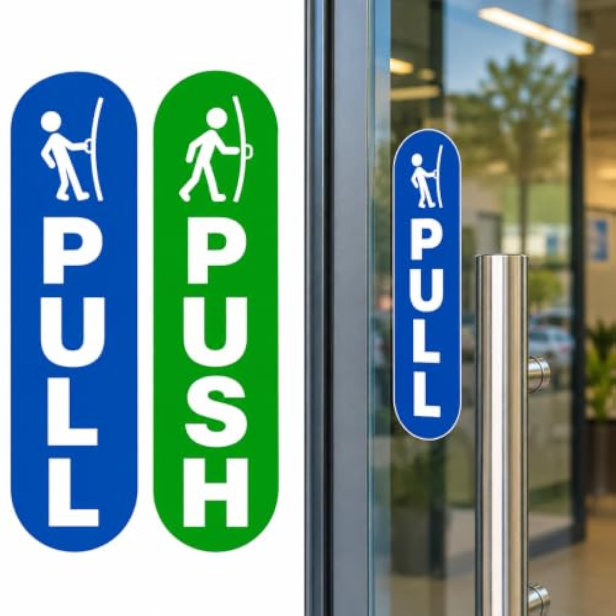 Pull Push Vinyl Door Signage Sticker, Blue and Green