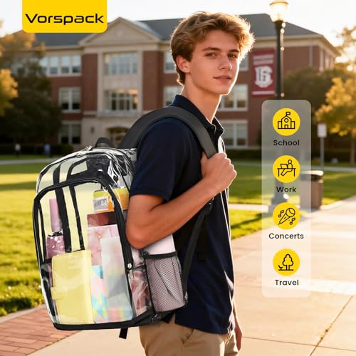 Image of Vorspack Clear Backpack for School, 18.5 Inch Large Clear Bookbag - Black | See Through Transparent Backpack for Girls Boys, 32L Large Capacity, PVC Materials, Padded Straps, Ideal for College, Work