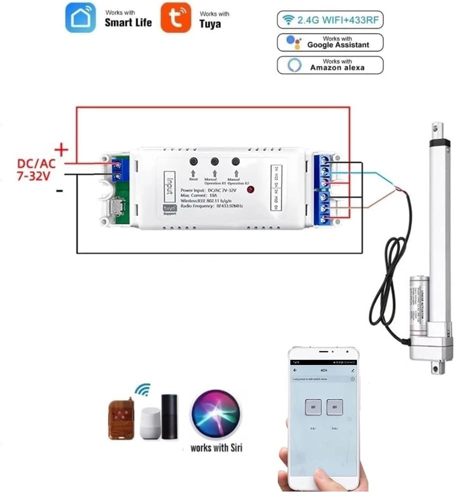 Obecné schéma zapojení pro 2kanálový bezdrátový reléový modul Tuya se vstupem DC/AC 7-32V, znázorňující připojení k lineárnímu aktuátoru.