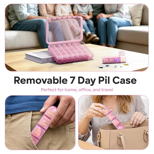 Image of Daviky Pill Organizer 4 Times a Day - Pill Box 7 Day, Weekly Medicine Pill Organizer for Travel with Removable Containers, Pill Case to Hold Daily Vitamins, Supplements and Medication (Pink Purple)