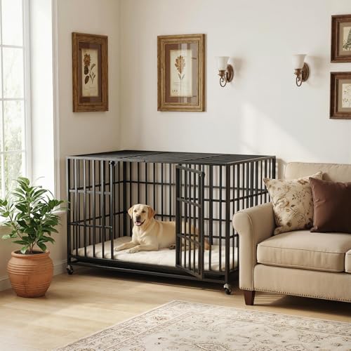 LEMBERI 48 Inch Heavy Duty Dog Crate for Large Dogs | Indestructible indoor dog kennel, escape proof cage for high anxiety dogs with double door, lockable wheels, removable tray - Image 7