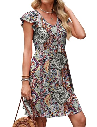 Image of OFEEFAN Summer Dresses for Women Beach Vacation Clothes V Neck Ruffle Sleeve Babydoll Dress Elegant Classy Sundress