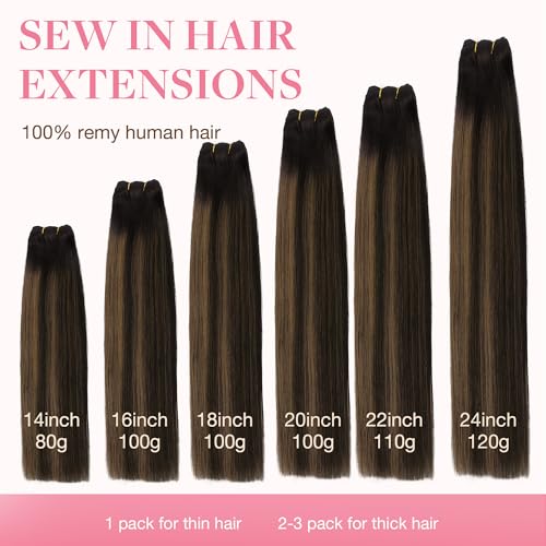 Image of GOO GOO Sew in Hair Extensions Real Human Hair, Weft Hair Extensions Human Hair, 2 /6 /2 Balayage Dark Brown to Chestnut Brown 14inch 80g, Weft Bundles Straight Silky Remy Hair