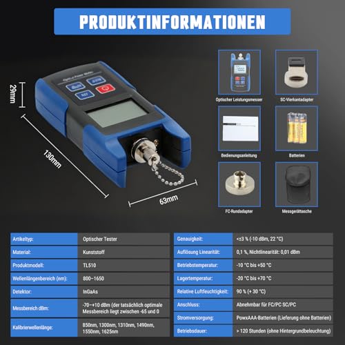 Glasfaser-Leistungsmesser, Optischer Leistungsmesser Glasfaserkabel-Tester, -70-+10dbm Optisches Eistungsmesser Faser Optisches Kabel Tester, Arbeitswellenlänge 850-1625nm