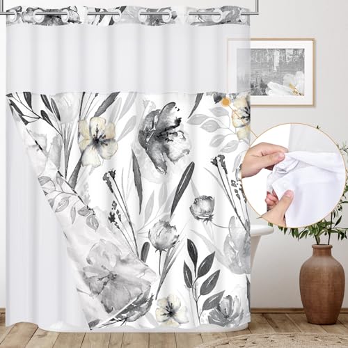 Alishomtll No Hook Shower Curtain with Snap-in Liner Set, Hotel Style Black Floral Shower Curtain with See Through Top Window, Gray White, No Hook, Double Layer, Waterproof, Washable, 71