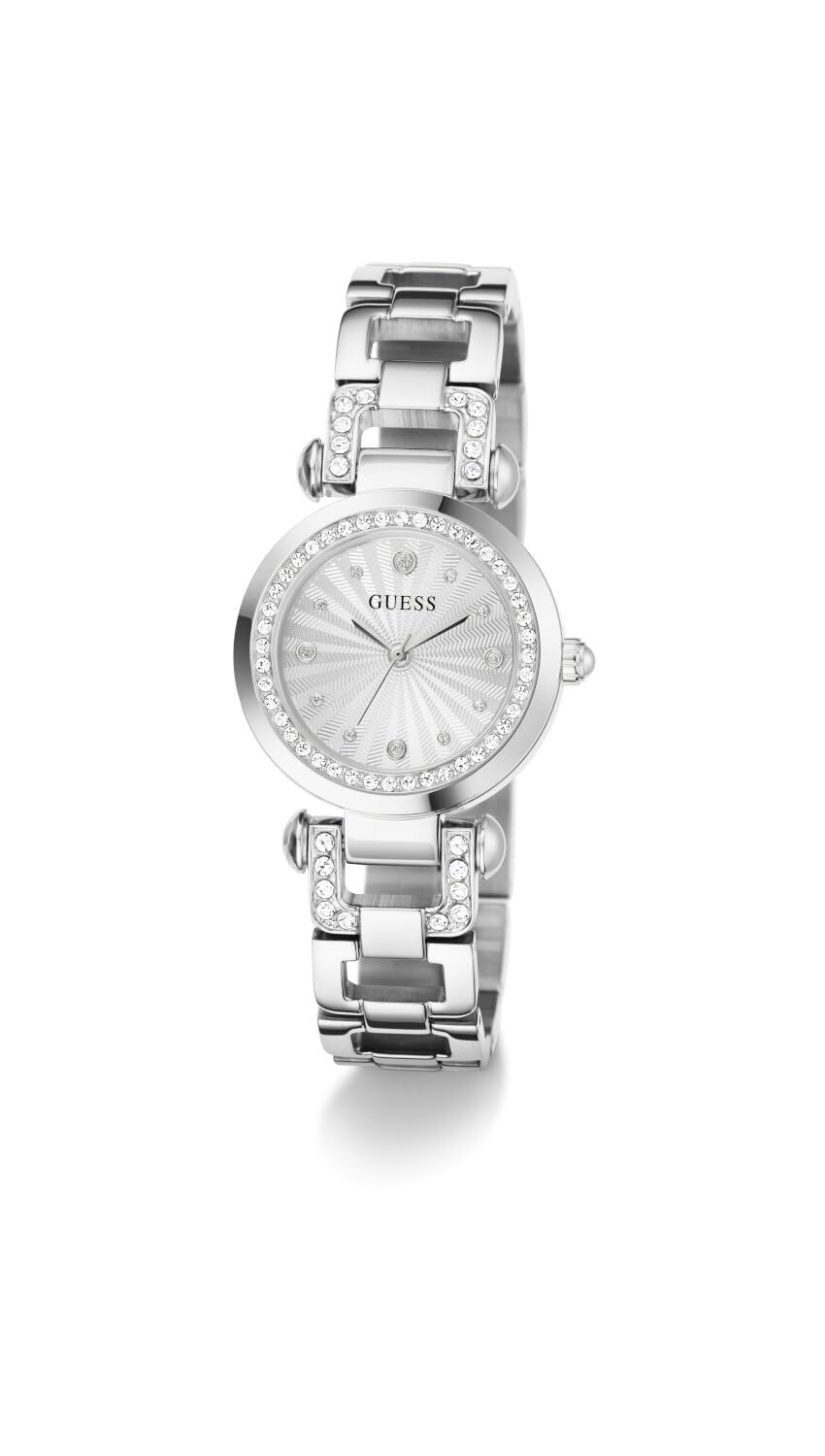 Guess GB Ginger Damen Armbanduhr, Edelstahl, 30 mm, Edelstahlarmband, Silber, 1 bar, Zifferblatt: Silber, Zirkonia, GW0869L3