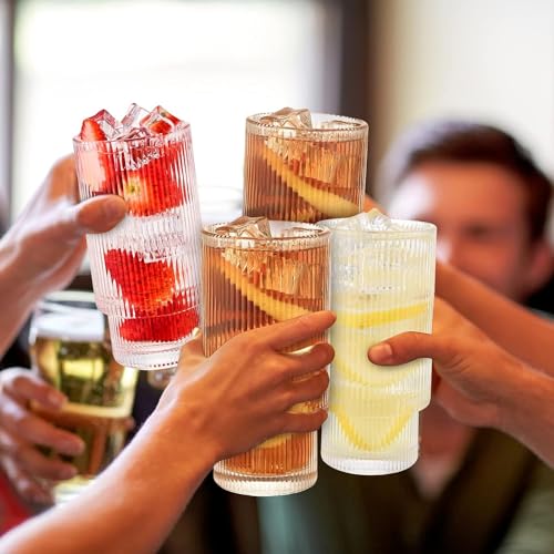 Image of WEZOSHINET 6 Pcs Heat Resistant Drinking Glasses Cup with Vertical Stripes Ribbed Pattern for Iced Coffee Cups Whiskey Cocktail Beer Water Glasses for Home Party Glass (290ML Set of 6)
