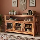Angel Furniture Sheesham Wood Crockery Cabinet with Three Door in CM 140x40x82 (Honey Finish)
