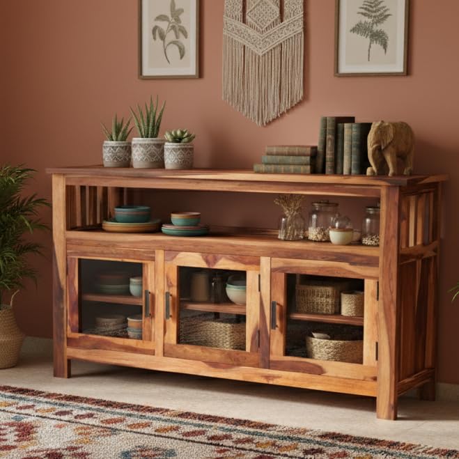 ANGEL FURNITURE Contemporary Sheesham Wood Crockery Cabinet with Three Glass Doors and Versatile Storage - Honey Finish - Dining Room Sideboard-image-43