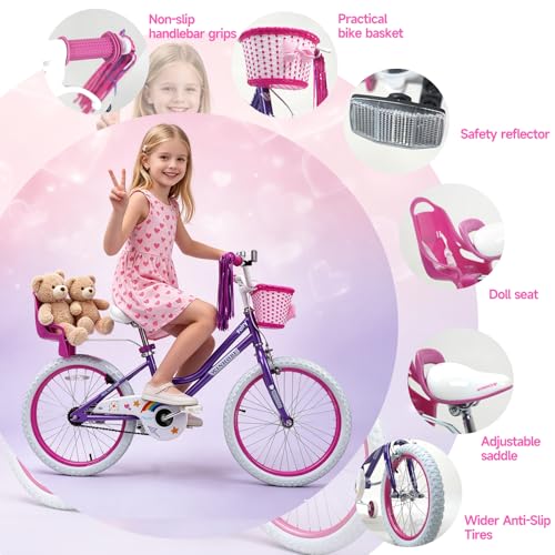 Image of WinHope Girls Bike with Doll Seat, 12 14 16 18 20 Inch Kids Bike for 2-12 | Dual Brake with Training Wheels / Kickstand & Streamers Birthday Gift for Toddler Outdoor Riding, Multiple Colors