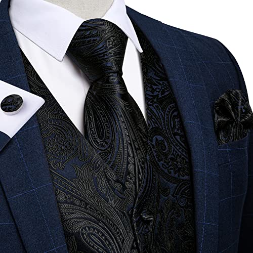 Image of DiBanGu Mens Paisley Vest Silk Sleeveless Suit Vest and Neck Tie Pocket Square Cufflinks Set for Wedding Formal