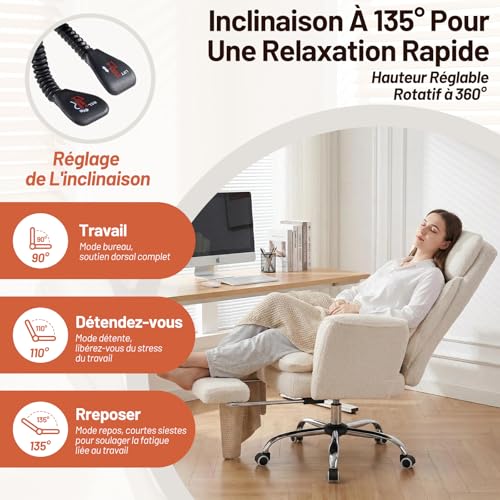 Fauteuil de bureau ergonomique chic en bouclé blanc et finitions soignées - 7