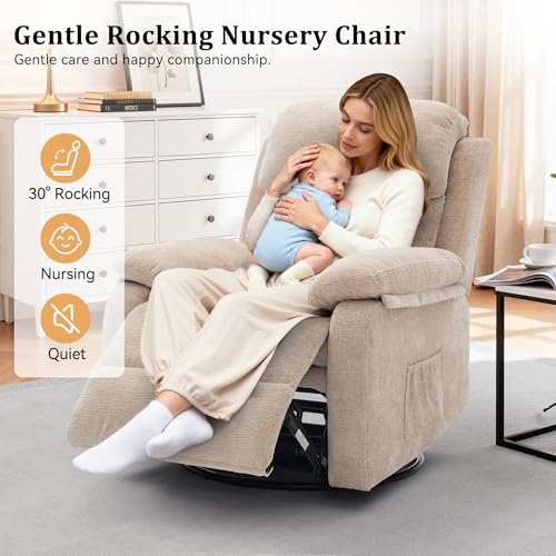 Image of Korser Recliner Chair, 360 Swivel Rocker Chair for Adults, Small Rocking Recliner Chair for Small Spaces, Upholstered Chenille Fabric Glider Recliner Nursery Chair with Side Pockets for Living Room