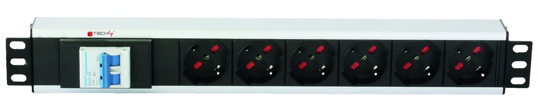 Techly I-Case STRIP-16V Unidad de distribución de energía (PDU) 1.5U Aluminio, Negro 6 Salidas AC