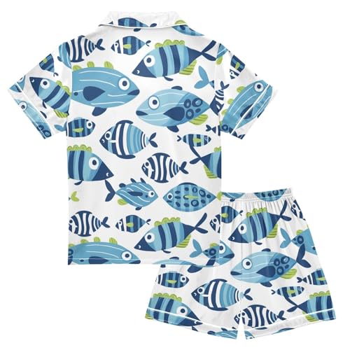 ALAZA Funny Striped Fish Blue Pajamas Satin Pajama Set Short Sleeve Button Down Sleepwear2