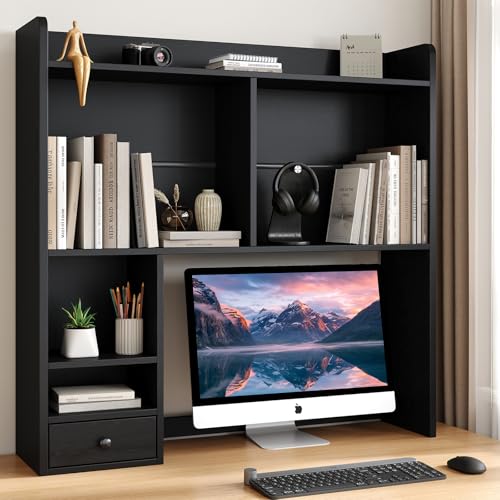 knoworld Desktop Bookshelf for 27" Monitor, Space-Saving Engineered Wood Desk Hutch Organizer with Adjustable Shelves & Drawer, Clutter-Free Tabletop Bookcase for Dorm & Home Office, Black