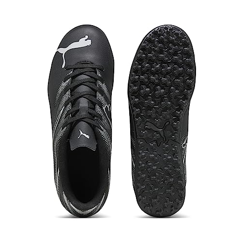PUMA Attacanto Turf Training Soccer Cleats Sneaker, Black-Silver Mist, 5.5 US Unisex Big Kid Close-up of the PUMA logo on the PUMA Attacanto Turf Training Soccer Cleats