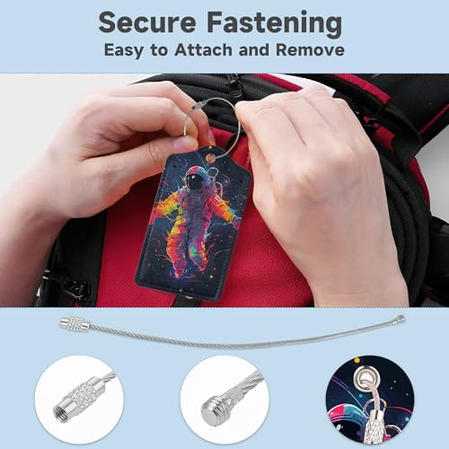 Set of 2 Luggage Tags for Suitcases, Leather Astronauts in Space Baggage Tags with Stainless Steel Loop, Privacy Name ID Card Cover Kawaii Travel Labels for Women Men Kids Girls3