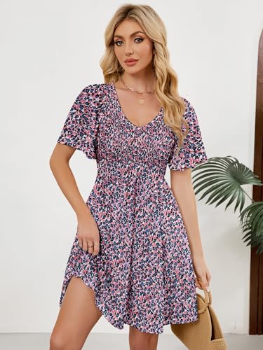 Image of UEAL Womens Cute Floral Smocked V Neck Flutter Sleeve Sundress with Pockets Casual Spring Summer Dresses for Women 2026