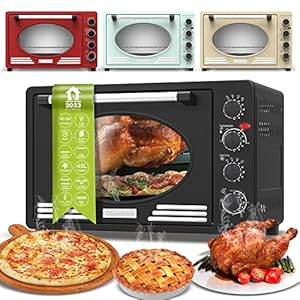 Mini oven 45L met draaispies, bakplaat, timerfunctie, circulatie, binnenverlichting, retro design, pizzaoven, 2000 Watt (lichtblauw)