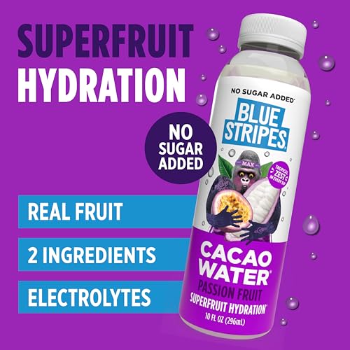 Image of Blue Stripes Passion Fruit Cacao Water - Hydration Drink with Natural Electrolytes & Antioxidants | Cold Pressed Cacao Juice, Fruit Juice & Water | No Sugar Added & Plant Based | 10 Fl Oz (6 Pack)