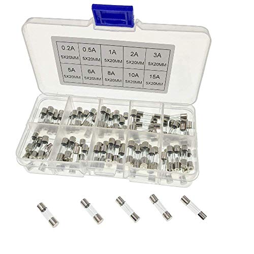 JZK 100 x zestaw bezpieczników szklanych do szybkiego rozdmuchiwania, 20 x 5 mm, zestaw bezpieczników do szybkiego dmuchania z pudełkiem, wartości wzmacniacza: 0,2 A 0,5 A 1 A 2 A 3 A 5 A 6 A 8 A 10 A