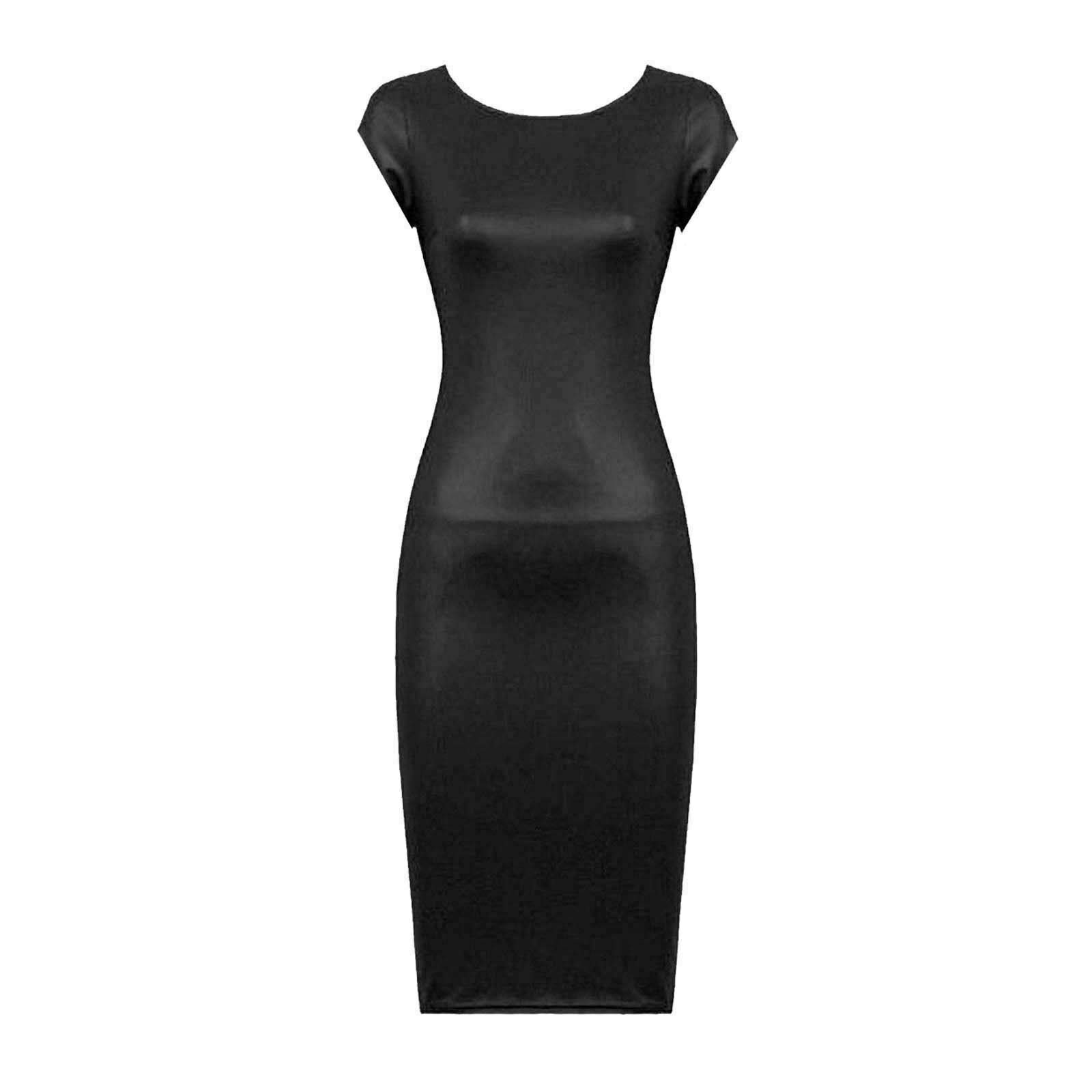Metluq M0d4 Women's Black Cap Sleeve Pvc Wet Look Faux Leather Bodycon Midi Dress Size 8-22 (, Uk 16-18 Xl)
