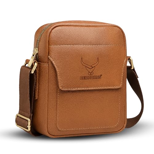 Image of REDHORNS Faux Leather Small Cross Body Sling Bag for Men & Women, 3 Zipper Pockets, Business Messenger Shoulder Bag for Travel, Outdoor, Office - 15X19X5 CM