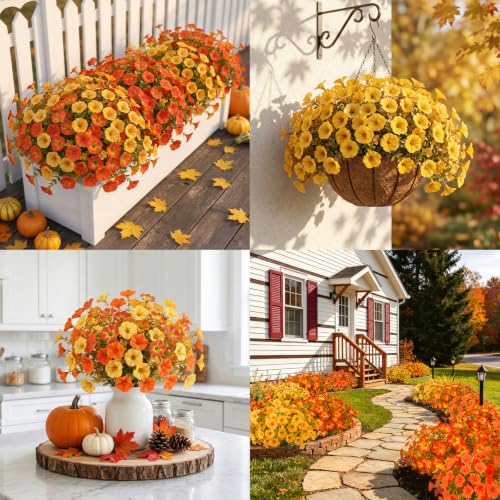 Image of Bassion Artificial Fall Flowers for Outdoor Decoration, 12 Pcs Fake Petunia | Realistic, silk flowers, faux morning glory, UV resistant, autumn garden front door porch patio yard planter home decorations