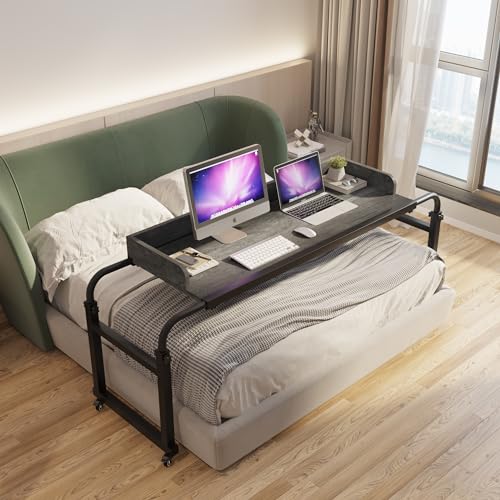 TigerDad Overbed Table with Wheels Overbed Desk Over Bed Desk King Queen Bed Table Overbed Laptop Table Over Bed Table with Wheels((Gray)