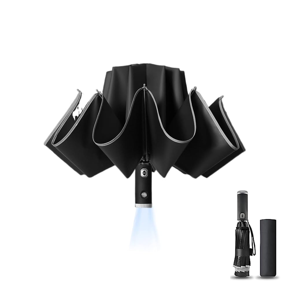 Jiotouhu 10 Ribs Umbrella Pro, UPF 50+ 99% UV Protection, Reflective Safety Strip, Sturdy Windproof, Travel Portable, Automatic, Reverse Folding Umbrella, with LED, Black