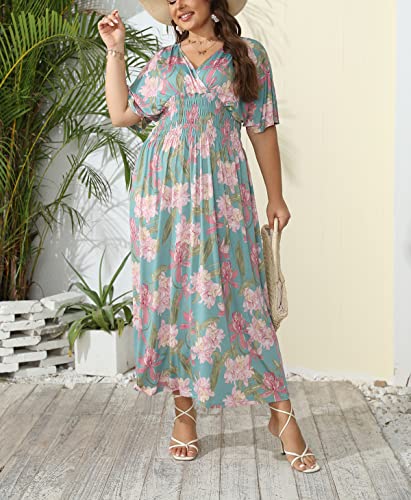 Image of OSTOO Women's Plus Size Hawaii Empire Waist Bat Short Sleeve Casual Floral Print Boho Maxi Dress