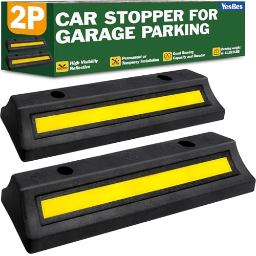 YesBes Pack of 2 Garage Parking Aid 16.9 Parking Stopper for Garage Heavy Duty Rubber Garage Car Stopper with Reflective Yellow Tape Curb Parking Gadgets Protects Garage Walls and Car