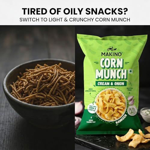 Image of Makino Corn Munch - First Time in India, Indian Masala, Tomato, Cream & Onion, Red Chilli Chataka| Non-GMO Corn, Zero Trans Fat, Zero Cholesterol | Gluten Free, No MSG, 150 Grams (Pack of 8)