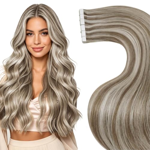 Image of LaaVoo Tape in Human Hair Extensions Highlights for Long Hair lightweight | 24 Inch 20Pcs 50G, Tape ins Human Hair Extensions, Soft and Seamless Remy Hair, Light Brown Highlight Lightest Blonde