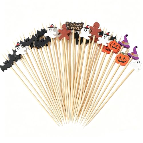 100 Pcs Halloween Cocktail Sticks Pumpkin Ghost Bat and Spider Halloween Cake Decorations Wooden Halloweens Food Toppers for Cupcakes Snacks Fruit Cake Decor Halloweens Spoof Party Decoration Supplies