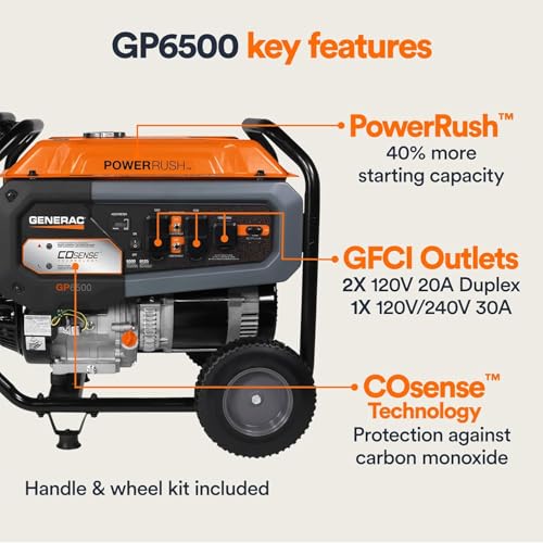Image of Generac 8,125 Starting Watt Portable Gas Generator with Extension Cord, PowerRush Technology, COsense Carbon Monoxide Detection, 10.5 Hour Runtime, Home Backup Emergency Power, 49-State Compliant