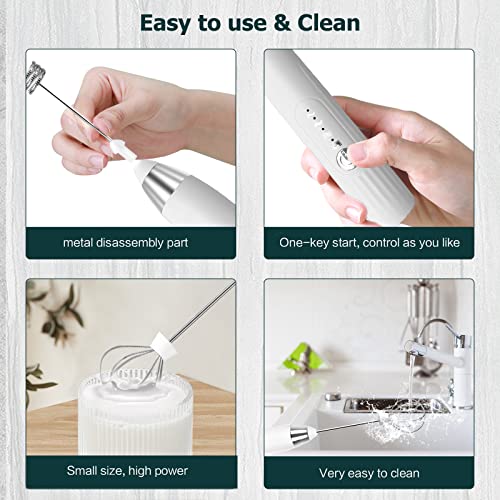milchaufschäumer elektrisch stab, USB wiederaufladbar milchschäumer elektrisch, elektrischer schneebesen 3 einstellbare geschwindigkeiten edelstahl für kaffee cappuccino latte (Silberweiß)