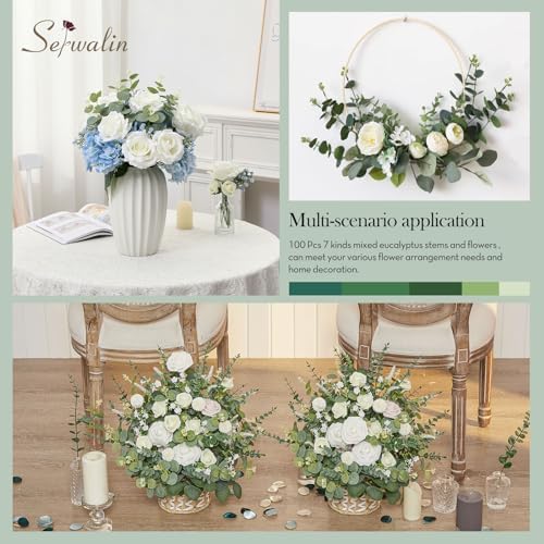 Serwalin 200 Pcs 7 Kinds Mixed Artificial Eucalyptus Leaves Stems Bulk Faux Silver Dollar Eucalyptus Leaves Real Touch Greenery Branches for Wedding Floral Arrangement Table Centerpieces Home Decor - Image 6