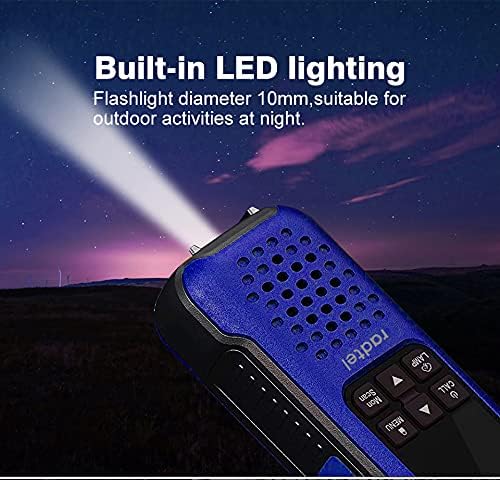 Radtel R260 walkie talkie's built-in LED flashlight illuminating a dark outdoor area at night.