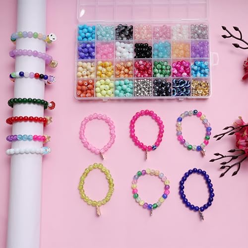 Image of ambitieux DIY Bracelet Making Kit - 24 Colorful Beads, 10m Elastic Thread, Jute Bag, and Cutter - Gift for Girls Birthdays (Glass Beads 3)