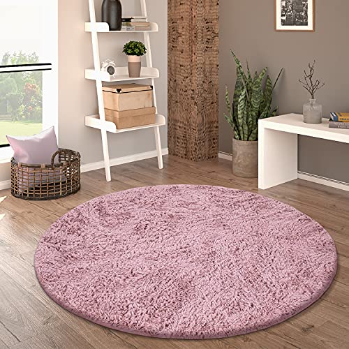 Paco Home Hochflor Teppich Rund Wohnzimmer Schlafzimmer rutschfest Shaggy Modern Flauschig Einfarbig Langflor Kunstfell, Grösse:80 cm Rund, Farbe:Alt-Rosa